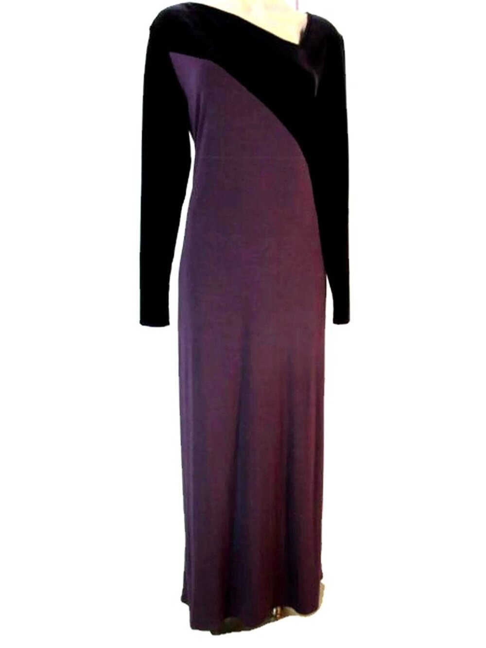 Vintage Chetta B Purple Velvet Jersey Maxi Dress 12 Geometric Body Con Stretch